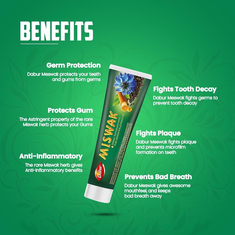 Dabur Miswak Blackseed Toothpaste - 100gm, Herbal Toothpaste with Pure