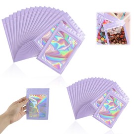 100 PCS Foil Ziplock Bags,10.5x15 cm and 6x10 cm Purple Resealable Storage Pouches,Holographic Bag, Baggies, Cute Small Plastic Bags,for Food Storage,Jewelry,Electronics