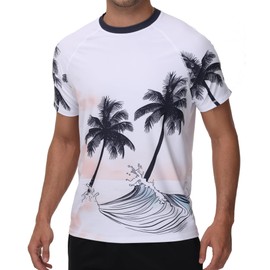 VAYAGER Men's UV Rash Guard T-Shirt Swimming Shirt UPF 50+ Swimming Shirts, Quick Drying, Loose Fit, Water Surf Shirt, White Coconut Tree, 4XL