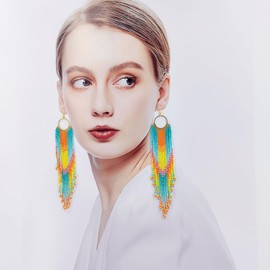 Samiyack Extra Long Beaded Hoop Fringe Earrings, Native American Seed Bead Beaded Large Big Drop Earrings for Women (Turquoise)