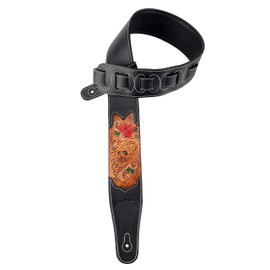 Walker & Williams CVG-12 Black Leather Guitar Strap With Hand Tooled Grateful Skull & Roses For Acoustic, Electric, And Bass Guitars