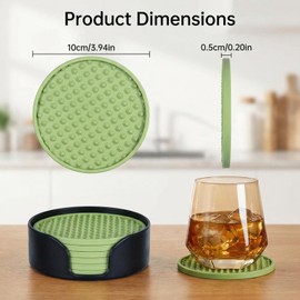 6-Piece Silicone Coasters Set with Holder, Premium Drink Pads, Non-Slip Cup Mats, Heat-Resistant Coasters for Beverages for Kitchen, Coffee Bar, Desk & Bar Use (Green)