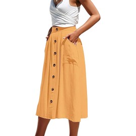 Ladybranch A-line Midi Skirt Elastic Waist Button Front Casual Flared Long Skirts with Pocket for Women S-XL