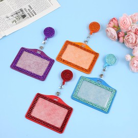 4 Pcs Bling ID Badge Holder, Rhinestones Horizontal Neck Lanyard Name Tag Holder with Retractable Reel Clip, Cute Horizontal Card Badge Case for Nurse Teacher Women Office Business Home (4 Colors)