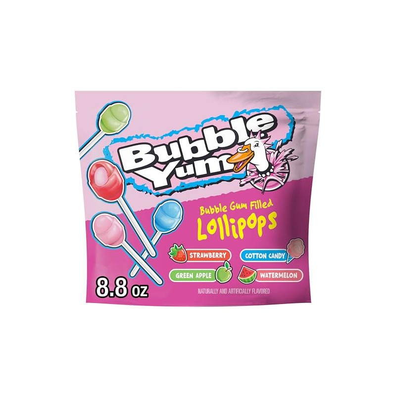 BUBBLE YUM Assorted Flavored Bubble Gum Filled Lollipops, Candy Bag,