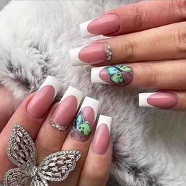 Enppode Medium Fake Nails French Tip Press on Nails White Acrylic Nails Square Nails for Women with Butterfly Design