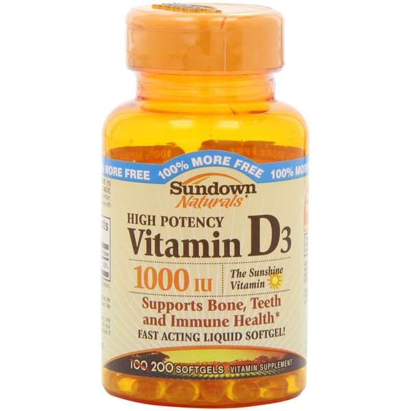 Sundown High Potency Vitamin D3, 1000 IU, 200 Softgels (Pack of 4)