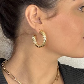 18K Gold Plated Twisted Rope Round Hoop Earrings in White Gold and Yellow Gold