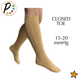 Presadee Seniors 15-20 and 20-30 mmHg Zipper Compression Open Closed Toe Socks (15-20 & 20-30 mmHg Closed Toe Beige, S/M)