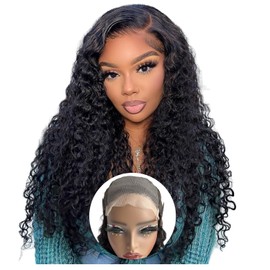 Glueless Wigs Human Hair Pre Plucked 5x5 HD Lace Closure Wigs Human Hair Glueless Wear And Go Deep Wave Lace Front Wigs Human Hair Curly Human Hair Wigs For Black Women (Black, 18 Inch, Curly)