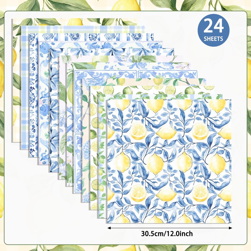 24 Sheets Lemon Pattern Paper 12'' x 12'', Mediterranean Lemon