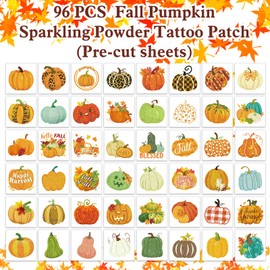 HOWAF 96pcs Glitter Fall Pumpkin Temporary Tattoos Autumn Harvest Tattoos Stickers for Kids Girls Boys Decor, Glittery Thanksgiving Pumpkin Fake Tattoos Pumpkin Face Tattoos for Fall Gift Bags Fillers