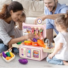 Kids Picnic & Kitchen Playset Play Kitchen Sink Toys with Upgraded Real Faucet Play Cooking Stove Play Food Pretend Play Oven and Other Accessories Toys for Boys and Girls Pink