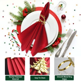 16 Pcs Christmas Napkin Rings Cloth Set, Include 8 Pieces Gold Napkin Rings with 8 Pieces Solid Color Dinner Napkins for Party Decoration, Dinning Table, Holiday, Wedding, Tabletop Décor