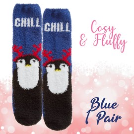Ladies Xmas Warm Fluffy Christmas Festive Design Bed Winter Socks with Grips Anti Slip Blue UK 4-8