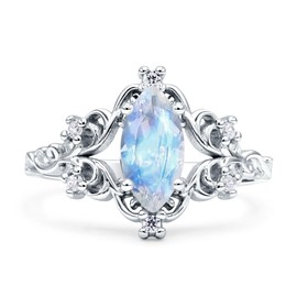 OMRANII Natural Moonstone Size-8 Art Deco Marquise Filigree Floral Designer Vintage Style Wedding Engagement Ring Solid 925 Sterling Silver