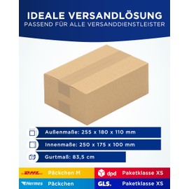KK Verpackungen Shipping Boxes 250 x 175 x 100 mm Brown Single Corrugated (Outer Dimensions 255 x 180 x 110 mm) | Pack of 50 Folding Boxes for Shipping as DHL Packages M Hermes Parcels DPD GLS Package