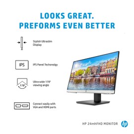 HP HP 24mh FHD Computer Monitor with 23.8-Inch IPS Display (1080p) - Built-In Speakers and VESA Mounting - Height/Tilt Adjustment for Ergonomic Viewing - HDMI and DisplayPort - (1D0J9AA#ABA)
