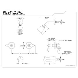 Kingston Brass KB248AL Twin Handle Tub and Shower Faucet with Decor Lever Handle, Brushed Nickel, 5-Inch Spout Reach