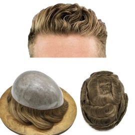 Toupee For Men Hair Pieces Full Poly Thin Skin Mens Toupee Human Hair Replacement Systems Hairpieces For Men Male Prosthesis Toupee8X10-110% light to medium density#1840 #18 Medium Blonde+40% Grey