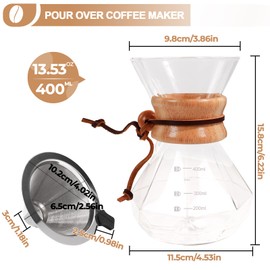 Pour Over Coffee Maker 400ml with 304 Stainless Steel Filter and Wooden Collar Holder Borosilicate Glass Drip Coffeemaker Server Set Clear Hand Brew Dripper Carafe for Home Camping Travel 13.5oz