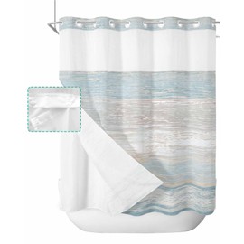 Anzona No Hook Shower Curtains, Aqua Blue Brown Ombre Standard Shower Curtains with Snap in Liner, Farmhouse Vintage Wooden Waterproof Washable Fabric Bathroom Shower Curtain Sets, 66" x 72"