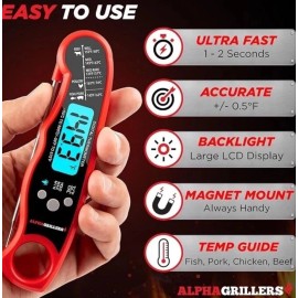 Alphagriller Instant Read Meat Thermometer for Cooking Grill and BBQ Griddl...