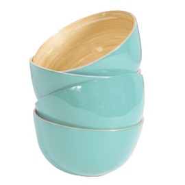 Caytre Living Decorative Painted Wooden 4.7 Inch x 2.4 Inch Medium Bamboo Bowl Set of 4 Bowls- Turquise