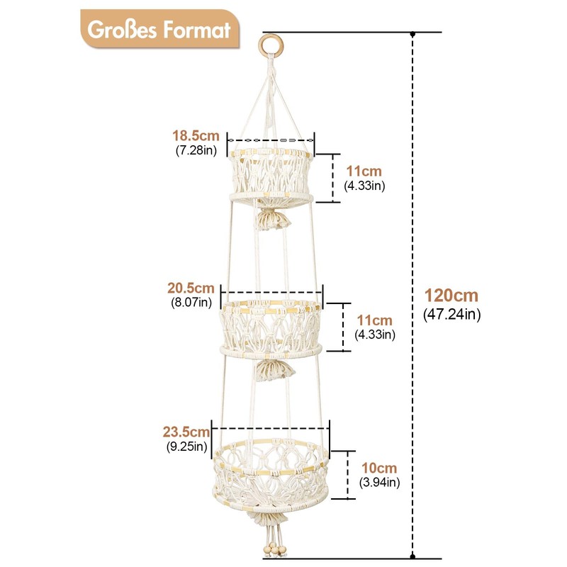 SAUNNIHEN 3-Tier Hanging Fruit Basket, Bamboo Hanging Basket Fruit, Space-Saving