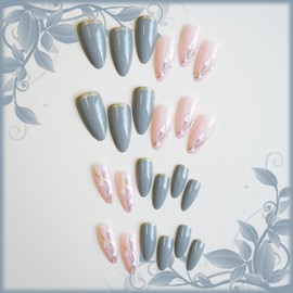 24Pcs Smoke Gray Press on Nails Glossy Gold Glitter False Nails Gel Glue on Nails, Flower Medium Almond Manicure Art Acrylic Fake Nails Stick on Nails with Curve Line Design for Coquette Women Girls