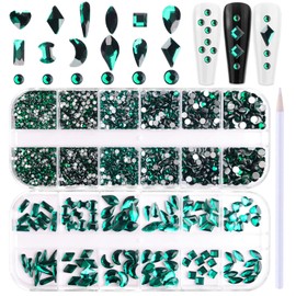 SILPECWEE 2 Boxes Green Nail Rhinestones Flat Back Rhinestones for Nails Glass Nail Crystals 3D Nail Gems Stones Diamond for Nail Art Nail Decoration Kit with Picker Pencil