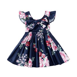 LYSMuch Toddler Baby Girls Floral Dress Backless Ruffle Outfit Summer Clothes（Navy Blue 3-4 Years）