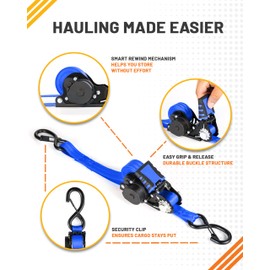 Strapinno Retractable Ratchet Straps - 1 in x 12 ft Heavy Duty Tie Downs, 1800lbs Breaking Strength Each, S Hooks with Safety Clip, AutoRetract, for Moving, Motorcycle, Boat, Kayak, and Cargo (4 PCS)
