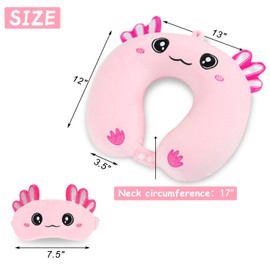 Travel Pillow, Kids Travel Pillow with Sleep Eye Mask Soft Memory Foam Kids Neck Pillow for Boys & Girls, Travel Accessories for Car Airplane Traveling - Axolotl