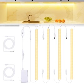 JUSJUBR Under Cabinet Lights Plug-in, 4 Pack x 12inch Warm White 3000K LED Under Cabinet Lighting, Dimmable Under Counter Lights with Memory Function, LED Light Bars for Kitchen Pantry Desk