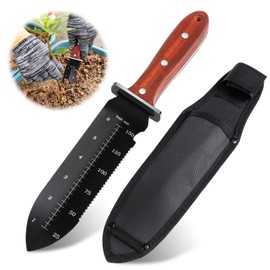 L.DROPLET Hori Hori Garden Knife, Garden Tools with Sheath for Planting,Weeding,Digging, 7" Stainless Steel Soil Knife with Cutting Edge, Full Tang Wood Handle with Hanging Hole