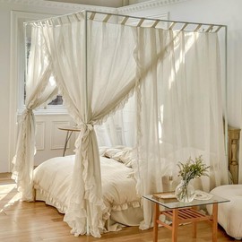 Mengersi Linen Canopy Bed Curtains,Bed Canopy Curtains 4 Corner Bed Drapes Sheer Curtains for Bedroom Decor (Ivory, Queen)