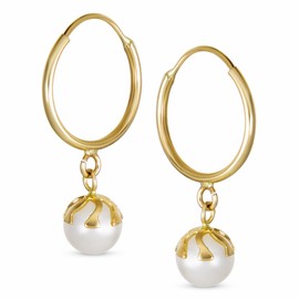 Petite Tiny Real Yellow Gold White 4.5 MM Round Freshwater Cultured Pearl Drop Ball Dangle Hoop Earring Women Teens June Birthstone