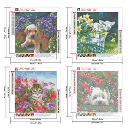 DCIDBEI 4 Pack Diamond Painting Pictures 30 x 30 cm Dog Cat Sheep in Flowers DIY 5D Dog Puppy Diamond Painting Set Full Crystal Embroidery Crystal Beads Pictures for Adults Children Home Wall Decor