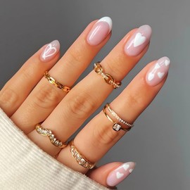 White Heart Press on Nails Almond Valentine’s Day Fake Nails Glossy White French False Nail Tips Cute Artificial Nails Short Almond Glue on Nails Glossy Finish Valentines Nails for Women 24Pcs