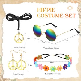 Hestya Hestya 5 Stück 60er 70er Hippie Kostüm Set Damen Hippie Tie Dye Poncho Blumen Stirnband Retro Sonnenbrille Frieden Zeichen Ohrringe Friedenszeichen Halskette für Party Outfit Zubehör(Klassisch)