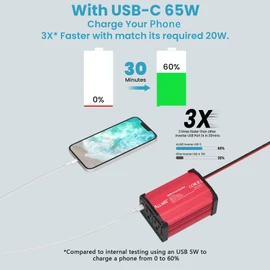 ALLWEI 300W Power Inverter DC 12V to 110V AC, Compact Car Plug Adapter Outlet with 65W PD USB-C &18W USB-A Fast Charging, Cigarette Lighter Adapter Car Charger for Phone, Laptop on Road Trip - Red