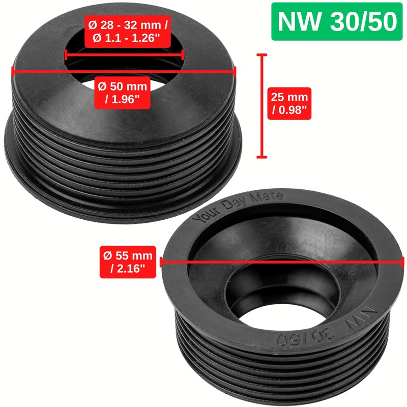 Siphon rubber sleeve, 2 pieces, made of rubber, NW 30/50,