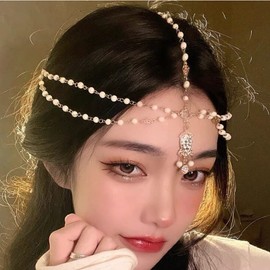 TseenYi Boho Hair Chain Crystal Pearl Pendant Head chain Rhinestone Beaded Tassel Princess Chain Jewelry for Women and Girls Wedding Valentine's Day(Gold)