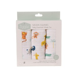 Ziggle - Set of 3 Savanna Animals Muslin Squares - Baby Essentials, Blanket, Swaddle, Wash Cloth Pack - Eco Friendly, New Mum