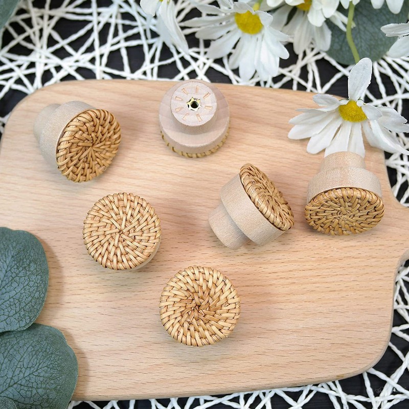6pcs Round Drawer Knobs Wood Rattan Woven Handmade Drawer Pulls