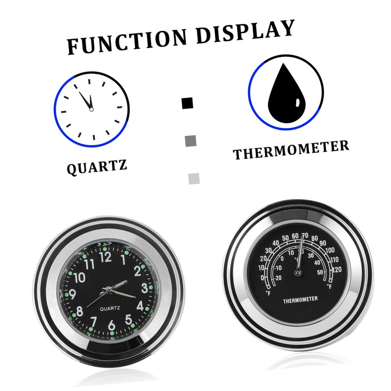 BESPORTBLE 2pcs Motorcycle Handlebar Clock Thermometer Waterproof 22-25mm Practical Dial