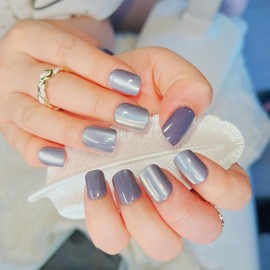 Short Square Press on Nails Purple Full Cover Fake Nails Pure Colour Acrylic Nails Glossy Glue on Nails Cat Eye Light Gel Nail 24 Pcs Artificial False Nails Removable Stick on Nails for Women