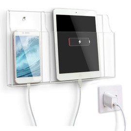 VANCORE Clear Wall Mounted Phone Holder Acrylic Remote Control Holder Media Organizer Caddy with Holes for Charging Phone Tablet Holder (Two Compartments)