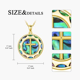 JBAERD Cross Necklace 925 Sterling Silver Round Sun Cross Pendant Abalone Shell Necklace Religious Faith Jewelry Gifts for Women and Men（golden）